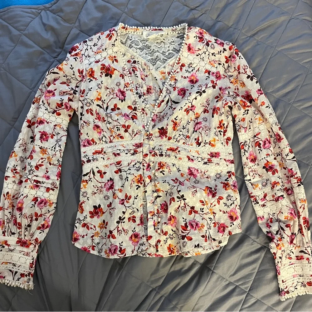 Anthropologie Puff Sleeved Lace Button Down in Pink Combo Floral